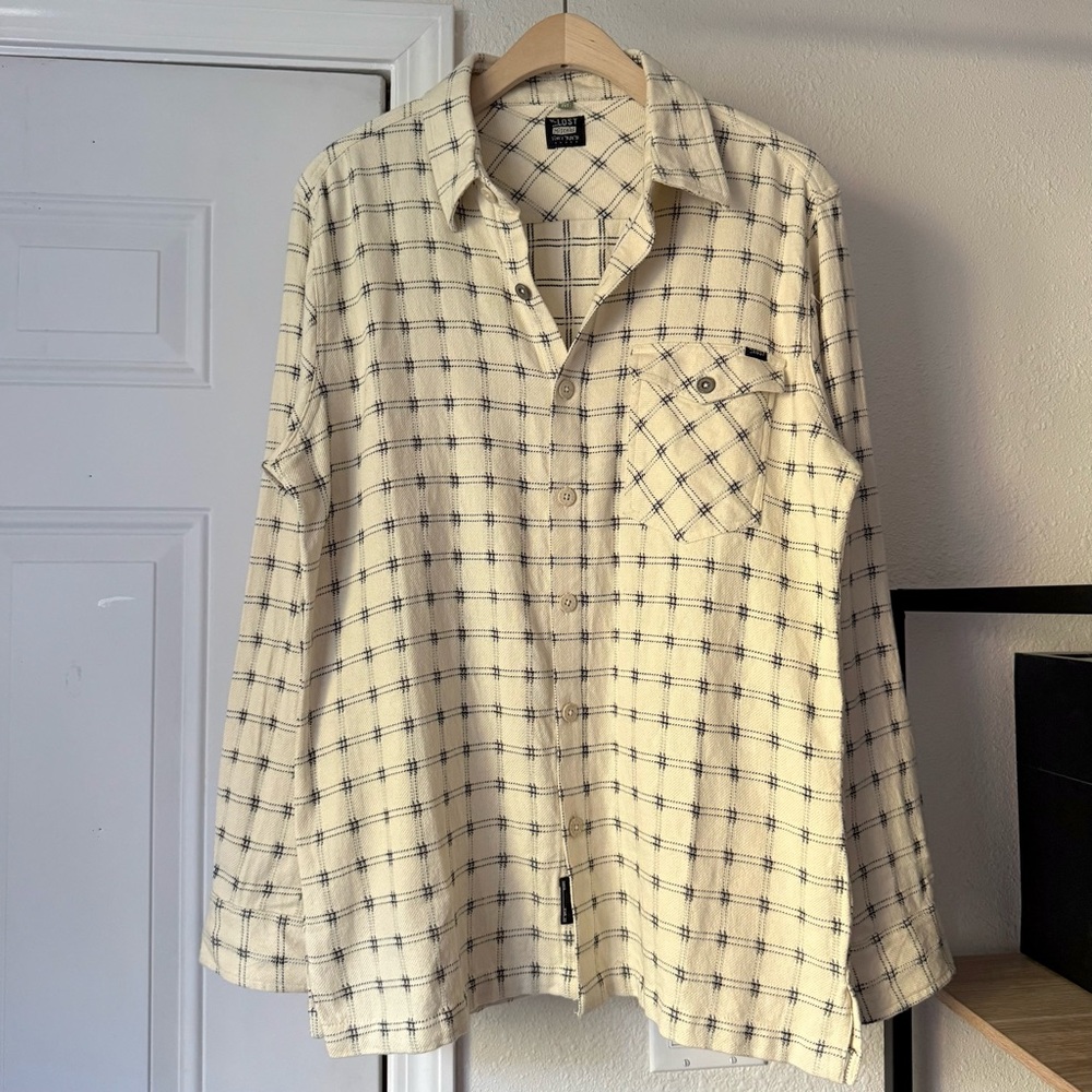 LOST MISCHIEF men’s ivory cream plaid check long‎ sleeve cotton button up shirt